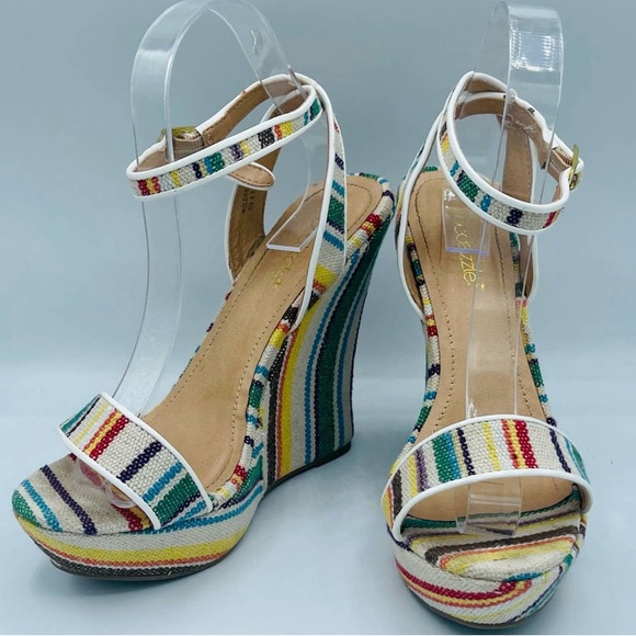 EUC Shoe Dazzle Retro Striped Platform Wedge Sandals - Picture 8 of 13